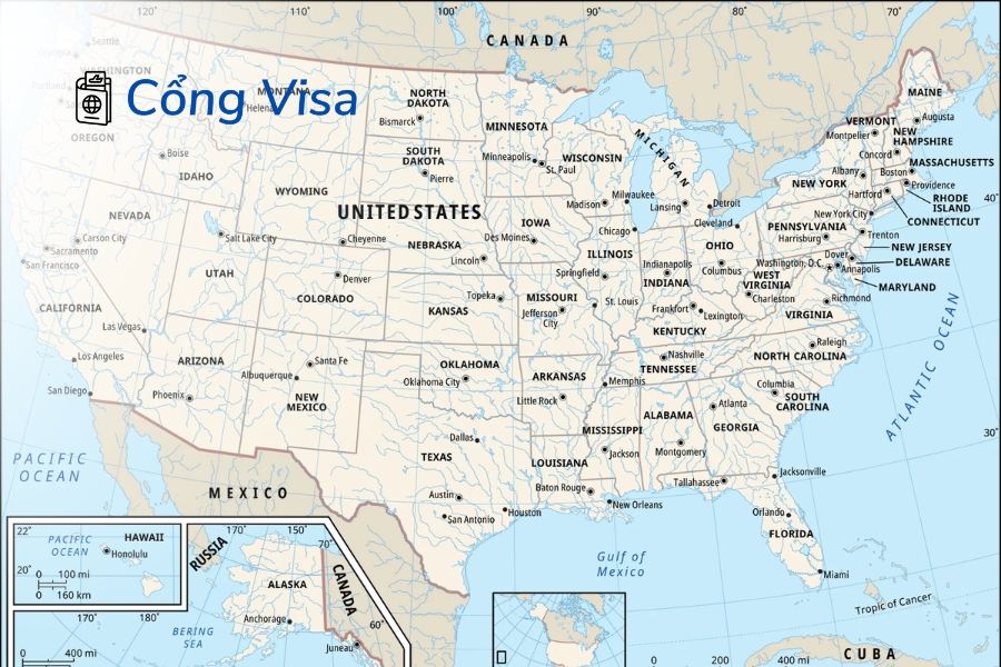 Mỹ có 50 tiểu bang, đặc khu Washington D.C. và 14 lãnh thổ ở Caribbean và Thái Bình Dương